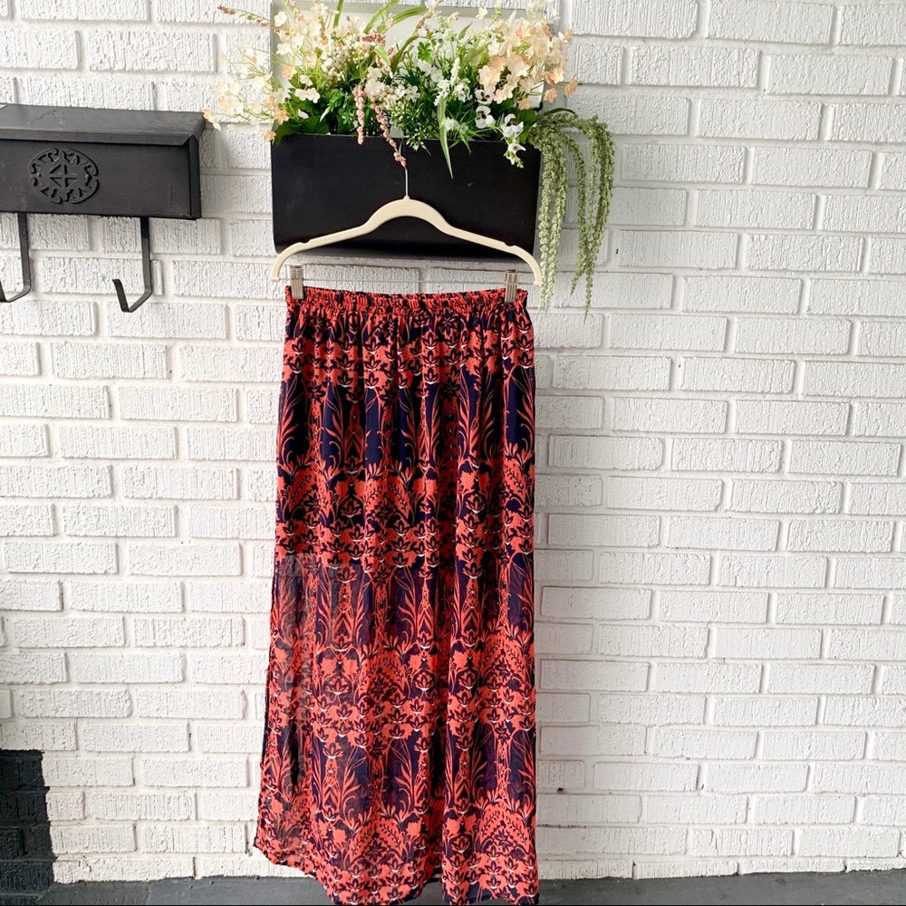 Harper Red & Navy Maxi Semi-Sheer Skirt With Slit